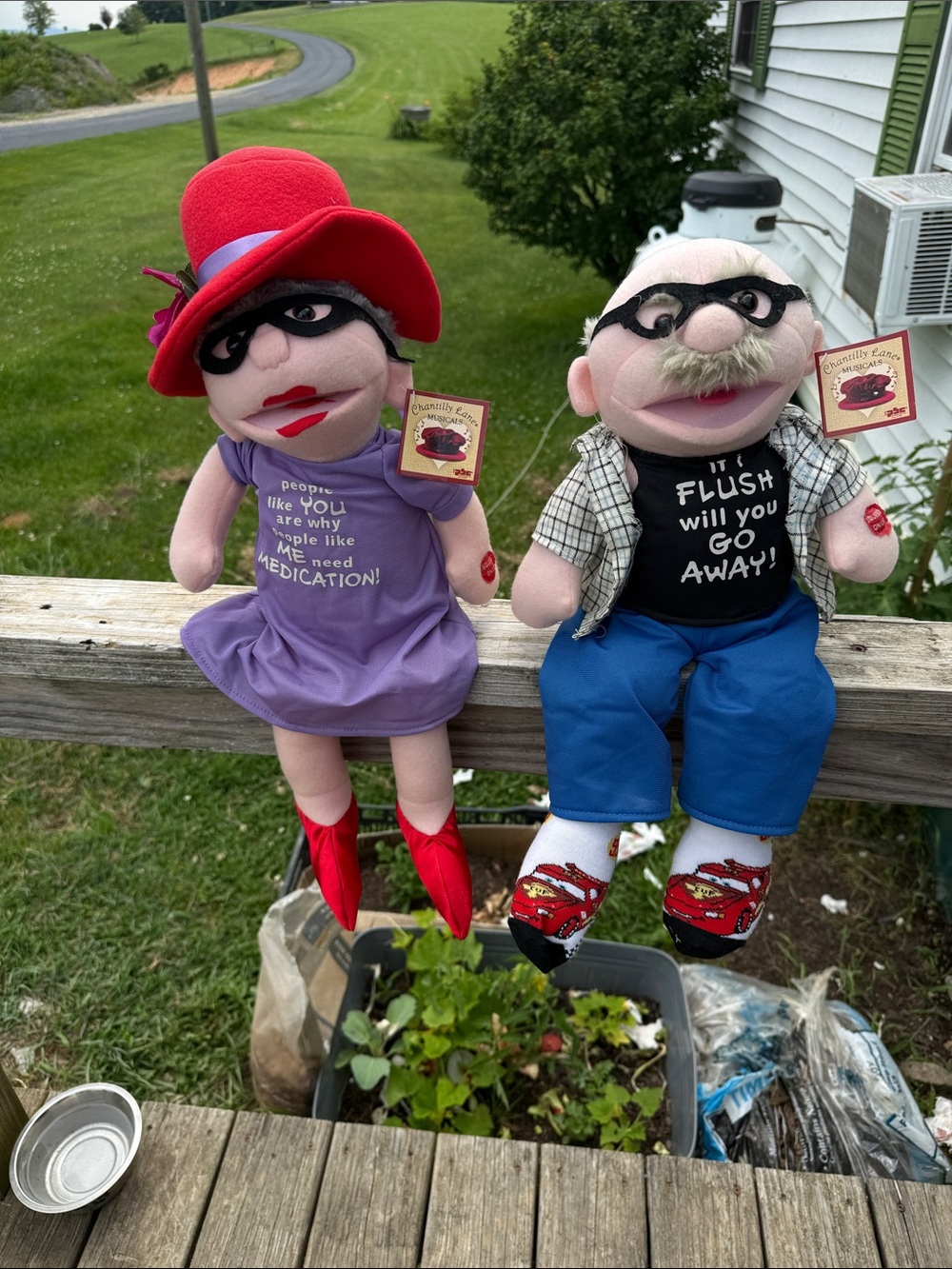 Vintage Style Puppet Pair - Red Hat Lady & Grandpa Plush - Red, Purple, Blue